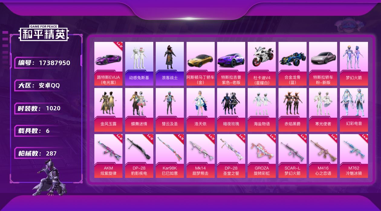 和平精英账号安卓QQ[17387950]11粉装 12特效枪 6载具 27印记 可二次 可修改实名 
【热门装扮】幻彩电