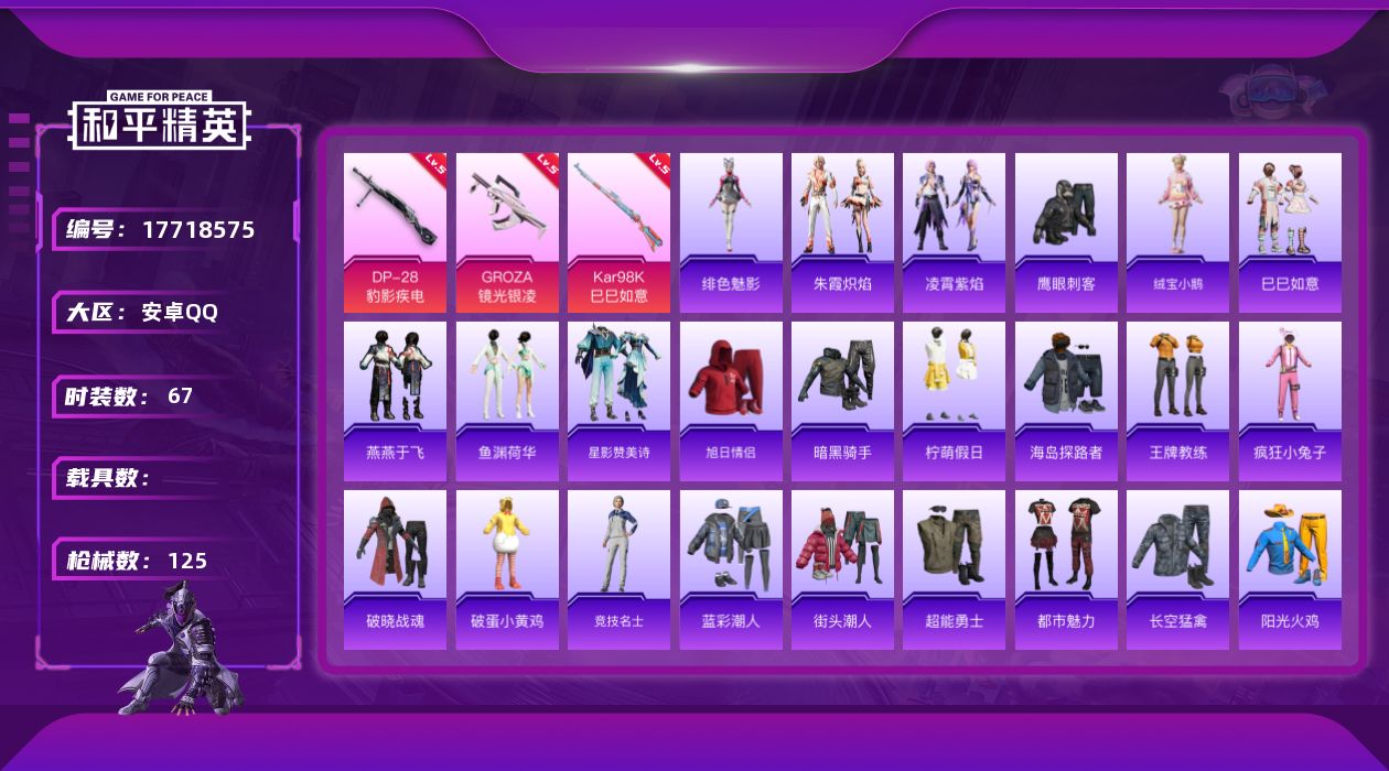 和平精英账号安卓QQ[17718575]安卓 手Q-0粉装-5特效枪-0载具-1粉色飞行器-27382热力值-1王牌印记-67套装-125枪皮
【粉色枪皮等级】：GROZA-镜光银凌(五级)，ACE32-萌骑漫游(五级)