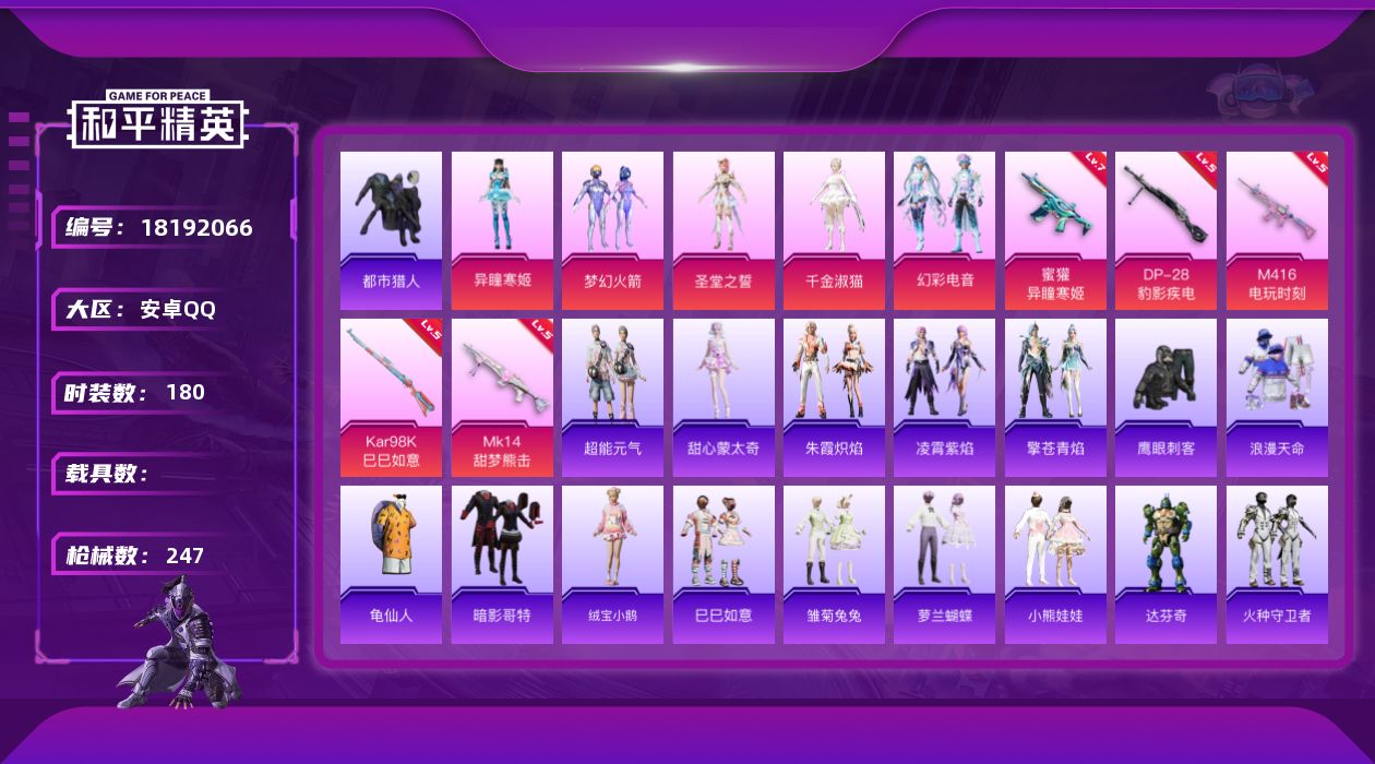 和平精英账号安卓QQ[18192066]安卓 手Q-5粉装-7特效枪-0载具-3粉色飞行器-70812热力值-14王牌印记-180套装-247枪皮
【热门品类】：粉装-梦幻火箭，套装-浪漫天命，套装-都市猎人，套装-龟仙