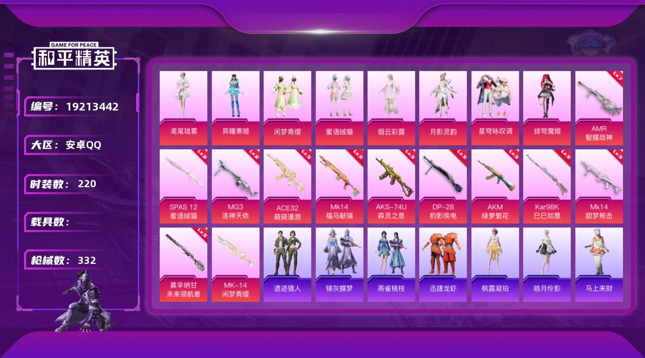 和平精英账号安卓QQ[19213442]安卓 手Q-8粉装-12特效枪-0载具-3粉色飞行器-99972热力值-15王牌印记-220套装-332枪皮
【热门品类】：套装-龟仙人，角色-Mark.06
【粉色套装】：粉装-