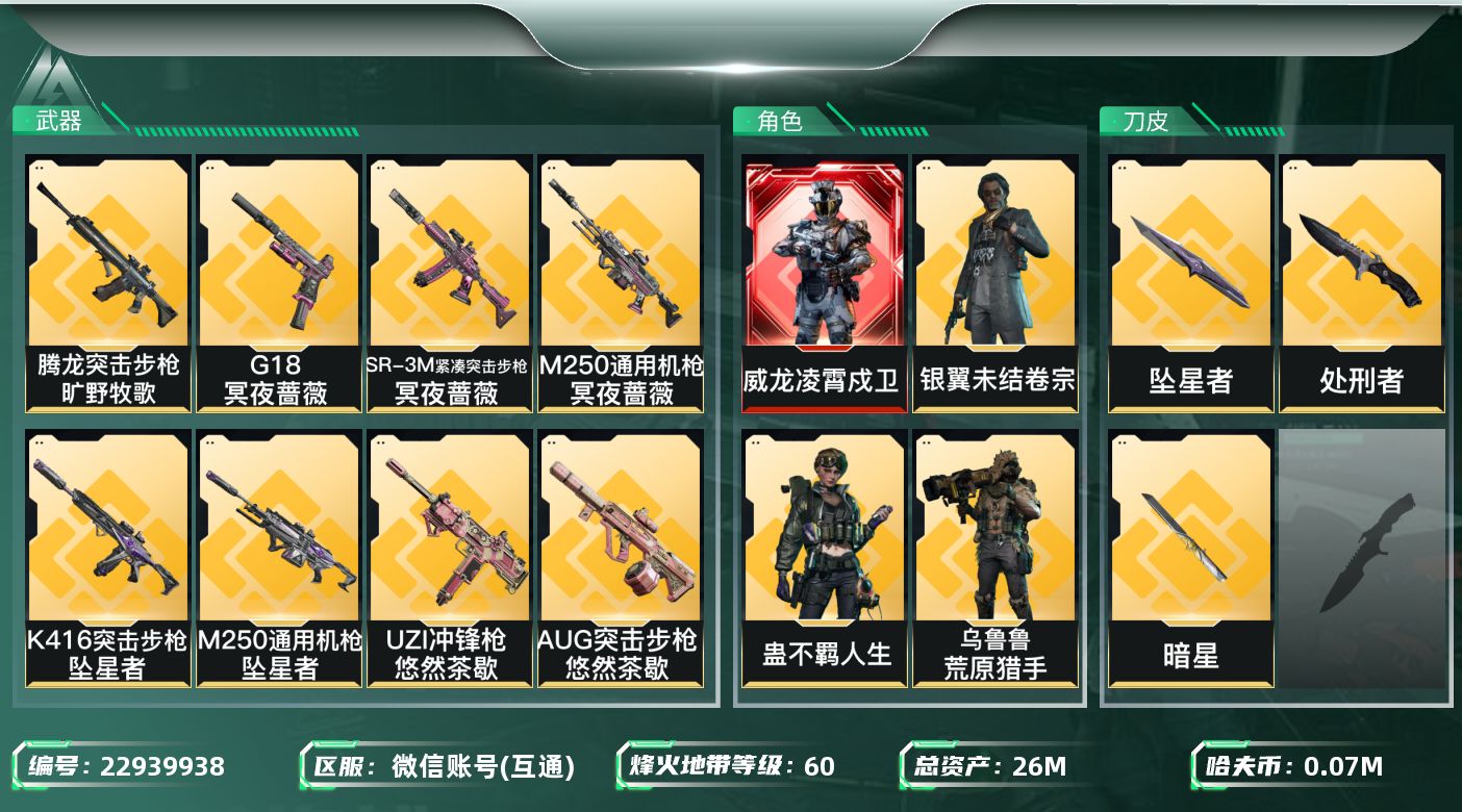 三角洲行动账号VX26m总资产-75k哈夫币-60烽火等级-黑鹰-50战场等级-尉官
【干员外观】：威龙-凌霄戍卫，露