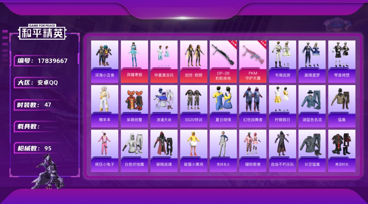 和平精英账号安卓QQ[17839667]安卓 手Q-3粉装-5特效枪-0载具-0粉色飞行器-24305热力值-1王牌印记-47套装-95枪皮
【热门品类】：套装-浪漫天命，套装-深海小丑鱼
【粉色套装】：粉装-仲夏莫吉托