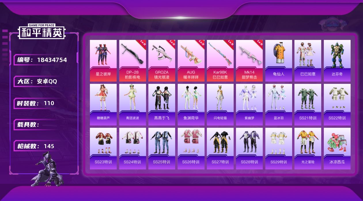 和平精英账号安卓QQ[18434754]安卓 手Q-1粉装-8特效枪-0载具-1粉色飞行器-37497热力值-3王牌印记-110套装-145枪皮
【热门品类】：套装-龟仙人
【粉色套装】：粉装-星之彼岸
【粉色枪皮等级】