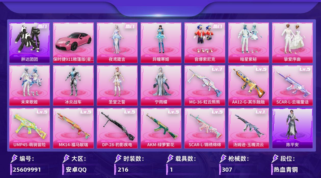 和平精英账号安卓QQ[25609991]【特价出售/店主推荐--热门套装哥特】安卓手Q-历史最高段位：超级王牌12星-9粉装-9特效枪-1载具-5粉色飞行器-96275热力值-12王牌印记-216套装-307枪皮【热门品