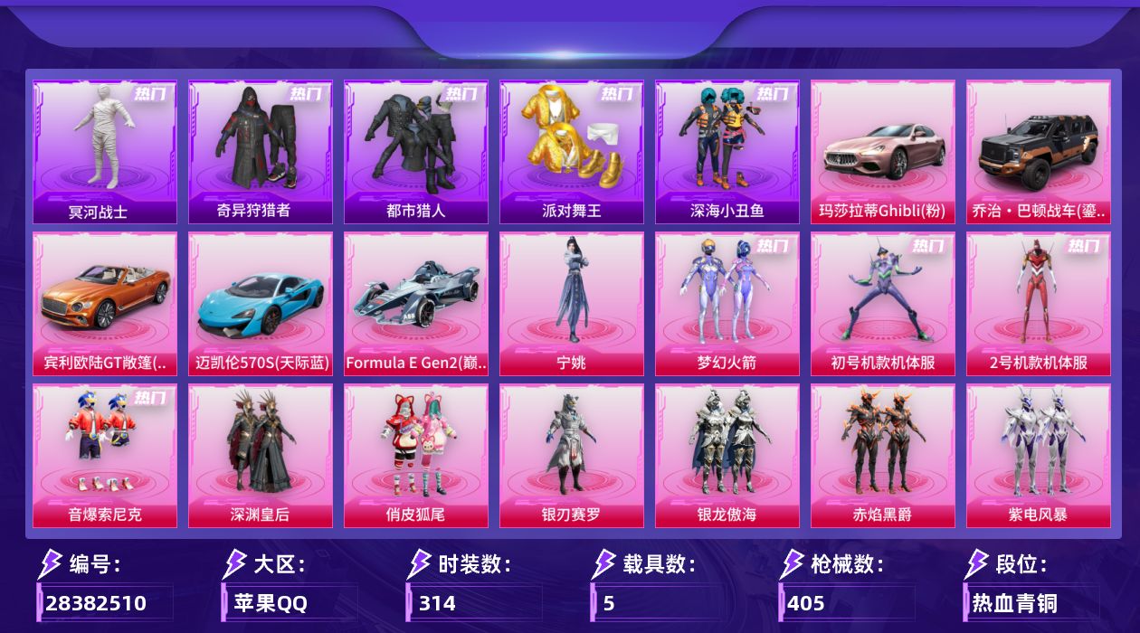 [28382510]苹果手Q-历史最高段位：无敌战神-19粉装-12特效枪-5载具-5粉色飞行器-135112热力值-22王牌印记-314套装-405枪皮
【热门品类】：粉装-梦幻火箭，粉装-初号机款机体服，粉装-2号机款机体服，粉装-音爆索尼克，套装-浪漫天命，套装-太空漫步，套装-都市猎人，套装-冥河战士，套装-派对舞王，套装-深海小丑鱼，套装-奇异狩猎者，套装-星河浪客，角色-2P战斗服款，角色-忠猛周仓，角色-忠真马岱，角色-忠义严颜，套装-龟仙人，套装-暗影哥特，大砍刀-青龙偃月刀，撬棍-龙胆亮银枪
【粉色套装】：粉装-深渊皇后，粉装-梦幻火箭，粉装-俏皮狐尾，粉装-银刃赛罗，粉装-银龙傲海，角色-初号机款机体服，角色-2号机款机体服，粉装-赤焰黑爵，粉装-紫电风暴，粉装-星夜魔法师，粉装-妙趣可丽，粉装-彩虹甜喵，粉装-音爆索尼克，粉装-纯珍童话，粉装-瑰丽时代，粉装-飒粉甜心，粉装-炎氏战神，角色-星云暗核，角色-宁姚
【粉色枪皮等级】：Vector-流风之羽(四级)，AKM-绿萝繁花(五级)，SCAR-L-青春物语(七级)，M416-五爪金龙(七级)，AUG-星之彼岸(七级)，蜜獾-奇幻森林(五级)，汤姆逊-玉魄流云(五级)，Kar98K-巳巳如意(五级)，SLR-暗夜玫瑰(五级)，M417-第五大道(七级)，AA12-G-其乐融融(五级)，DP-28-豹影疾电(五级)
【粉色载具】：玛莎拉蒂Ghibli（粉），乔治巴顿战车（鎏金黑），宾利欧陆GT敞篷（火焰橘），迈凯伦570S（天际蓝），Formula E Gen2（巅峰兰）
【粉色枪皮】：Vector-流风之羽，AKM-绿萝繁花，SCAR-L-青春物语，M416-五爪金龙，AUG-星之彼岸，蜜獾-奇幻森林，汤姆逊-玉魄流云，Kar98K-巳巳如意，SLR-暗夜玫瑰，M417-第五大道，AA12-G-其乐融融，DP-28-豹影疾电
【粉色飞行器】：炫彩糖果飞行器，梦幻火箭飞行器，齐天大圣飞行器，黄族统领飞行器，沙丘之主天马
【粉色降落伞】：满月旋律降落伞，至尊龙雀降落伞，梦幻火箭降落伞，神秘黑猫降落伞，马卡龙降落伞，阿狸红降落伞，香水柠檬降落伞，星之彼岸降落伞，暗夜玫瑰降落伞，蓝莓炮弹降落伞，天之羽翼降落伞，冷魅冰骑降落伞，妙趣可丽降落伞，彩虹甜喵降落伞，第五大道降落伞，纯梦嫁纱降落伞，萌物绒绒降落伞，超新星降落伞，