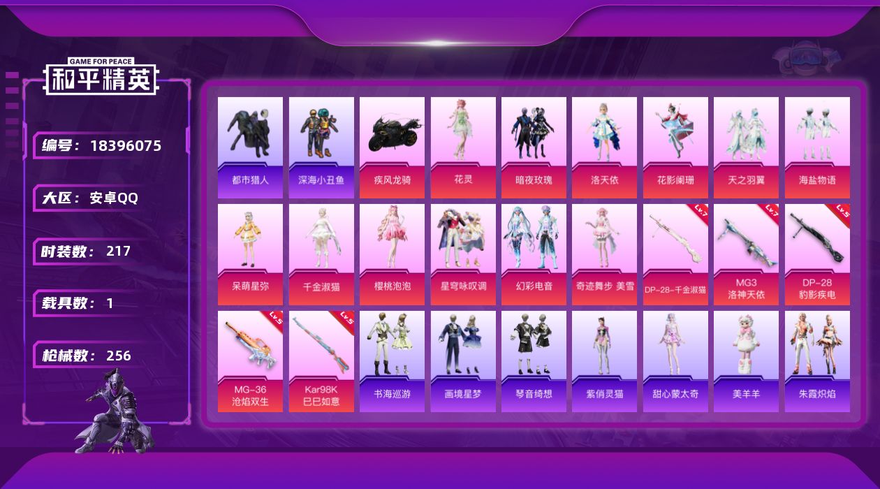 和平精英账号安卓QQ[18396075]安卓 手Q-12粉装-9特效枪-1载具-5粉色飞行器-84661热力值-11王牌印记-217套装-256枪皮
【热门品类】：套装-浪漫天命，套装-都市猎人，套装-深海小丑鱼，套装-
