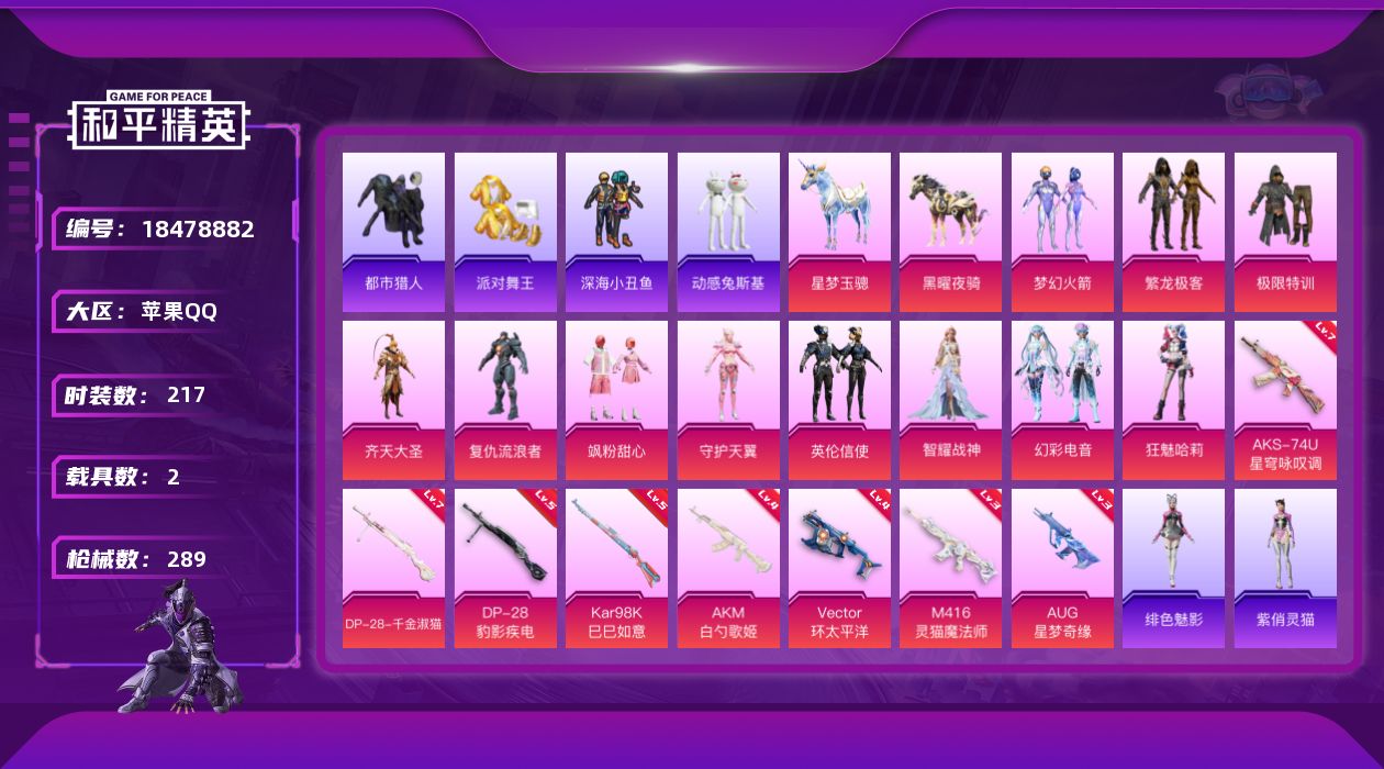 和平精英账号苹果QQ[18478882]苹果 手Q-11粉装-10特效枪-2载具-12粉色飞行器-97926热力值-16王牌印记-217套装-289枪皮【热门品类】：粉装-梦幻火箭，粉装-繁龙极客，套装-浪漫天命，套装-