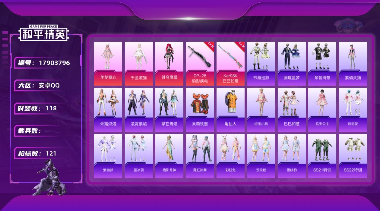 和平精英账号安卓QQ[17903796]安卓 手Q-3粉装-4特效枪-0载具-1粉色飞行器-38475热力值-10王牌印记-118套装-121枪皮
【热门品类】：套装-龟仙人
【粉色套装】：角色-千金淑猫，角色-绯穹魔姬