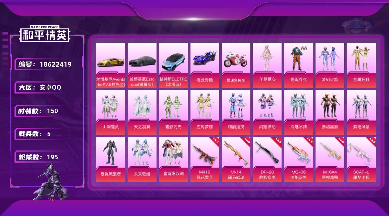 和平精英账号安卓QQ[18622419]150套装/枪械9/装备299/载具5/战备137/王牌印记7/热力值78589/五级AKM-百合蜜语/五级M16A4-垂柳戏鸭/五级SCAR-L-甜梦小狐/七级M416-风花雪月