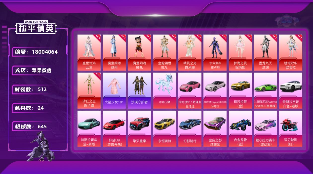 和平精英账号苹果微信[18004064]【特价出售/店主推荐】满级红，老1 苹果 微信-10神装-131粉装-53特效枪-24载具-45粉色飞行器-354558热力值-31王牌印记-512套装-645枪皮
【红色神装等级