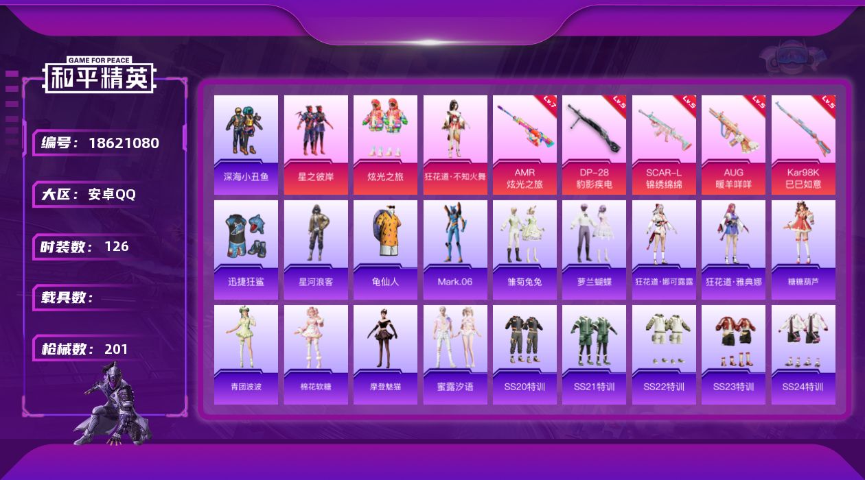 和平精英账号安卓QQ[18621080]安卓 手Q-3粉装-8特效枪-0载具-1粉色飞行器-54325热力值-14王牌印记-126套装-201枪皮
【热门品类】：套装-深海小丑鱼，套装-星河浪客，套装-龟仙人，角色-Ma