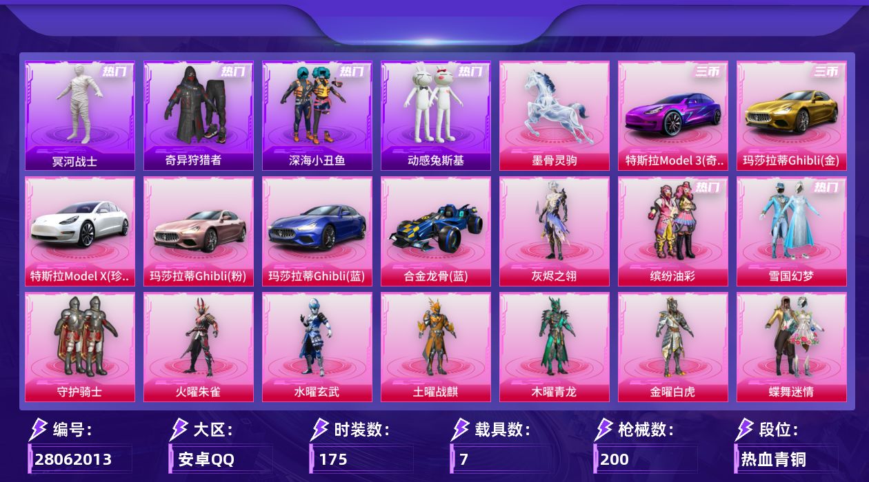 和平精英账号安卓QQ[28062013]冥河战士，雪国幻梦【特价出售/店主推荐】安卓手Q-历史最高段位：超级王牌9星-14粉装-11特效枪-7载具-6粉色飞行器-79791热力值-9王牌印记-175套装-200枪皮
【热