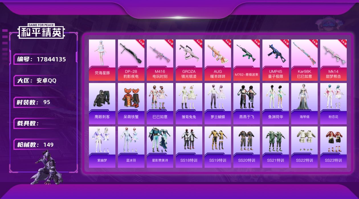 和平精英账号安卓QQ[17844135]安卓 手Q-1粉装-10特效枪-0载具-1粉色飞行器-39968热力值-5王牌印记-95套装-149枪皮
【粉色套装】：角色-荧海星豚
【粉色枪皮等级】：M416-电玩时刻(五级)
