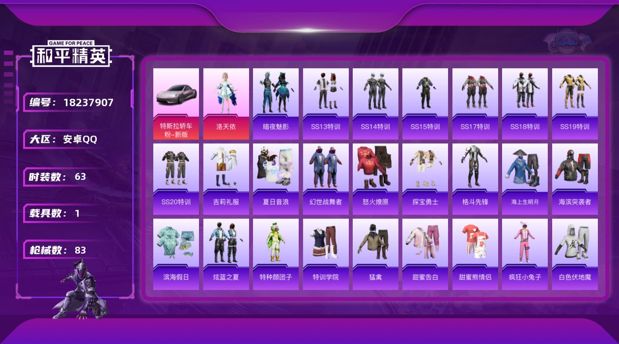 和平精英账号安卓QQ[18237907]可二次【特价出售/店主推荐】安卓 手Q-1粉装-1特效枪-1载具-1粉色飞行器-26425热力值-1王牌印记-63套装-83枪皮【粉色套装】：角色-洛天依【粉色枪皮等级】：Mk14
