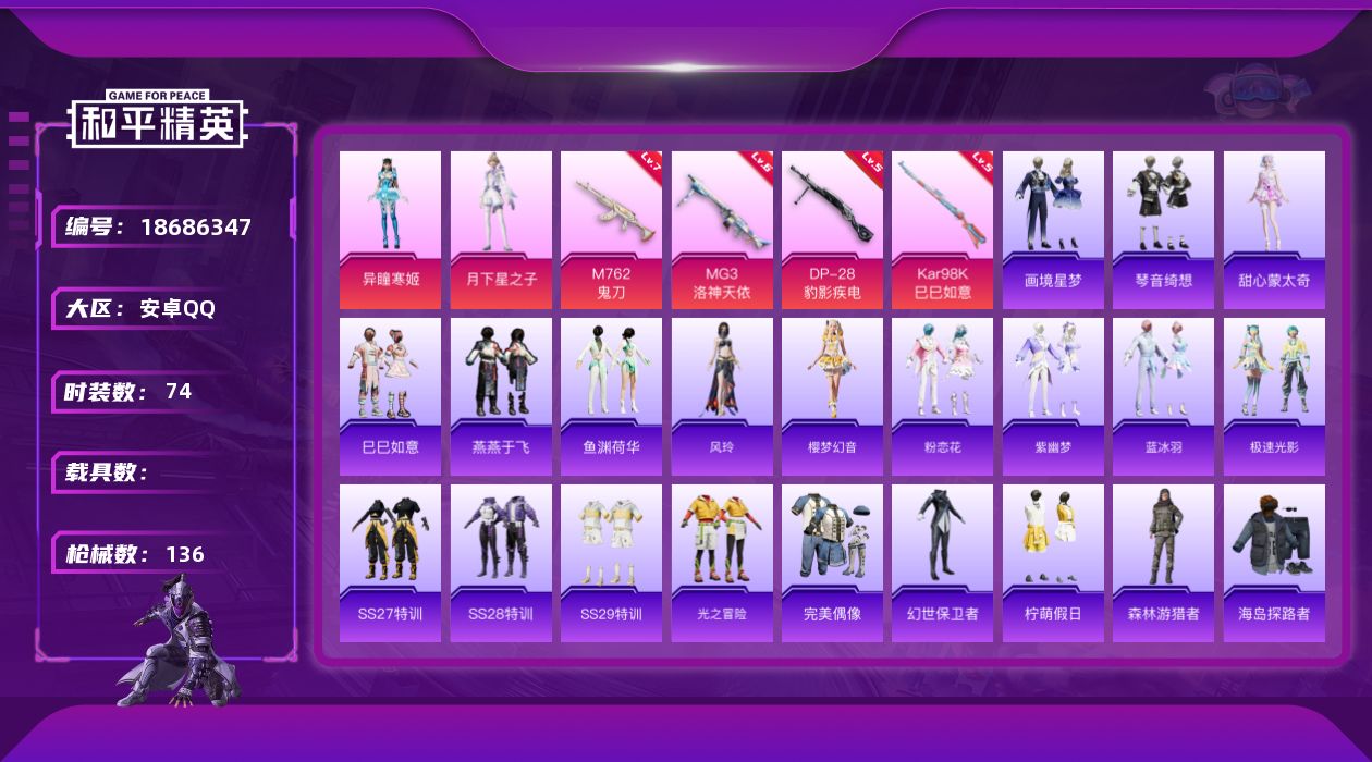 和平精英账号安卓QQ[18686347]安卓 手Q-2粉装-6特效枪-0载具-1粉色飞行器-35393热力值-1王牌印记-74套装-136枪皮
【粉色套装】：角色-月下星之子，角色-异瞳寒姬
【粉色枪皮等级】：M762-