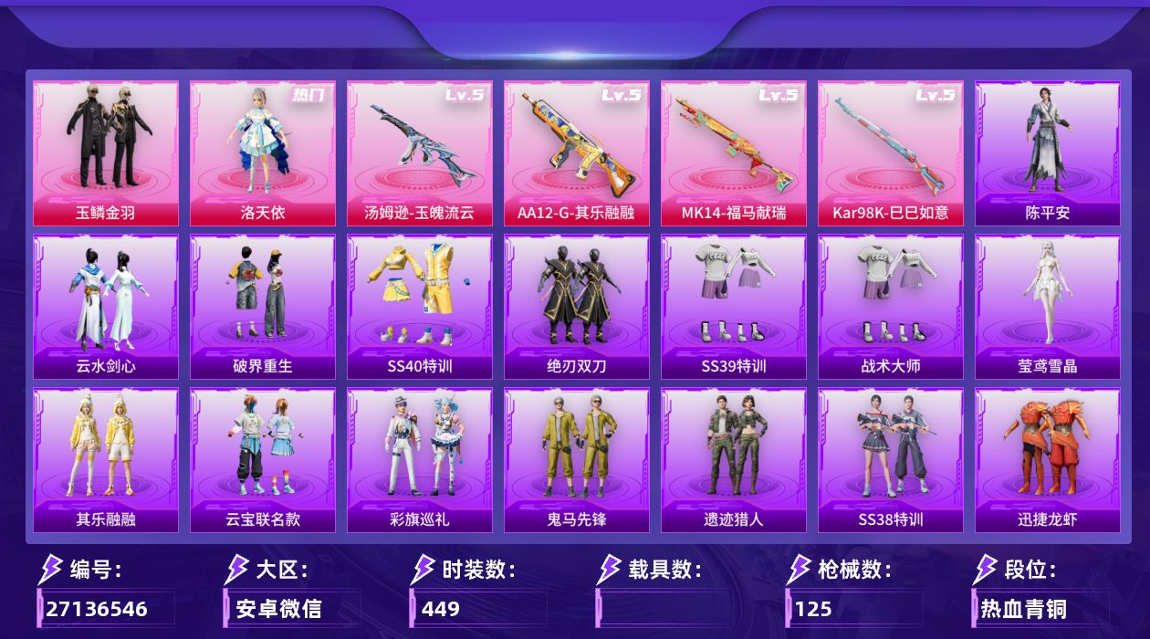 和平精英账号安卓微信[27136546]安卓微信-历史最高段位：卓越王牌7星-2粉装-4特效枪-2粉色飞行器-38712