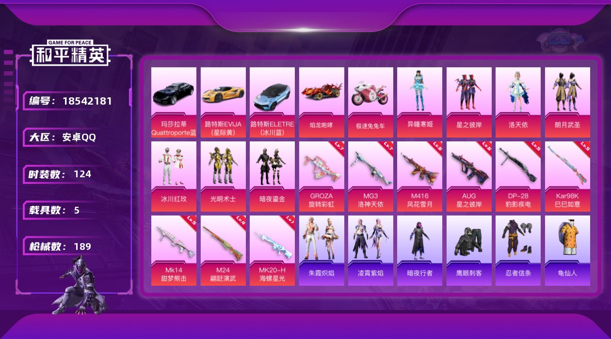 和平精英账号安卓QQ[18542181]安卓 手Q-7粉装-11特效枪-5载具-2粉色飞行器-59418热力值-10王牌印记-124套装-189枪皮
【热门品类】：套装-忍者信条，套装-暗夜行者，套装-龟仙人
【粉色套装