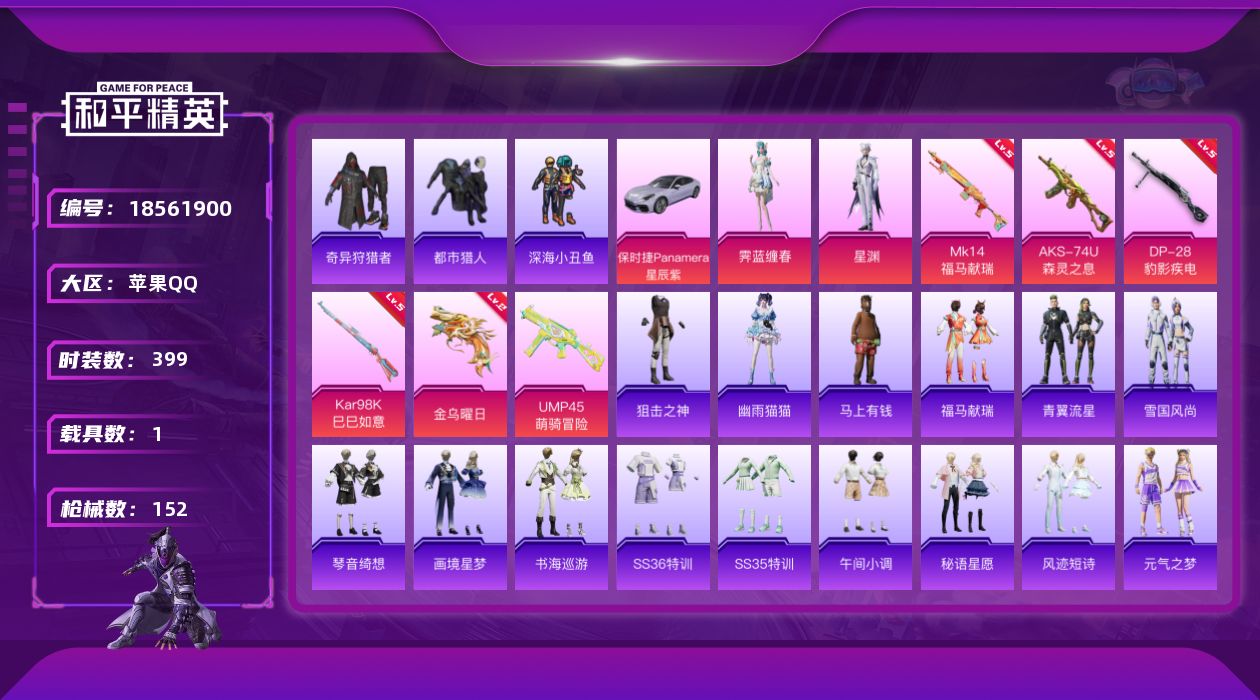 和平精英账号苹果QQ[18561900]2粉装 6特效枪 1载具 11印记 可二次 可修改实名 
【热门装扮】奇异狩猎者