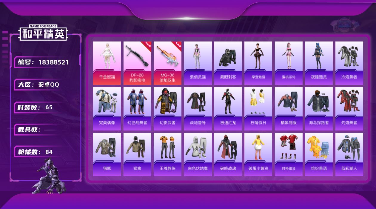 和平精英账号安卓QQ[18388521]安卓 手Q-1粉装-3特效枪-0载具-1粉色飞行器-19848热力值-5王牌印记-65套装-84枪皮
【粉色套装】：角色-千金淑猫
【粉色枪皮等级】：Mk14-福马献瑞(一级)，D
