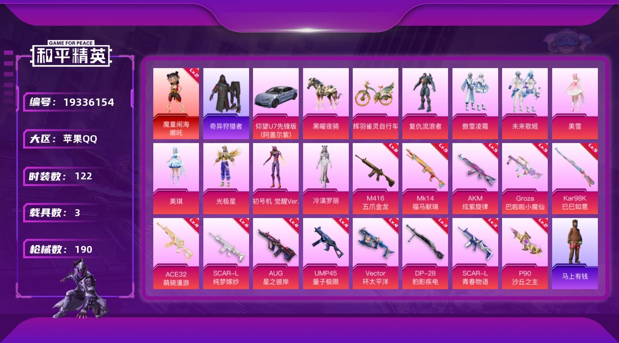 和平精英账号苹果QQ[19336154]苹果 手Q-1神装-8粉装-13特效枪-3载具-3粉色飞行器-62839热力值-7王牌印记-122套装-190枪皮
【红色神装等级】：魔童闹海-哪吒(二级)
【红色角色神装】：魔童