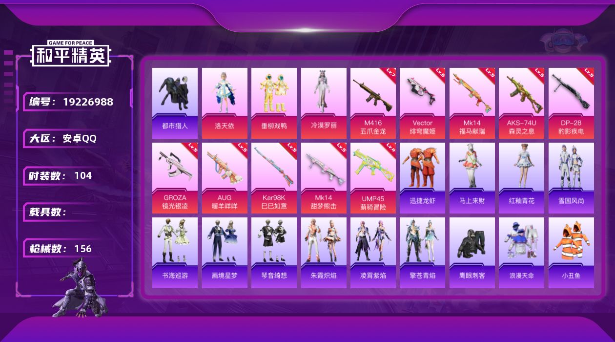 和平精英账号安卓QQ[19226988]安卓 手Q-3粉装-10特效枪-0载具-1粉色飞行器-47492热力值-1王牌印记-104套装-156枪皮
【热门品类】：套装-浪漫天命，套装-都市猎人，套装-小丑鱼，套装-龟仙人