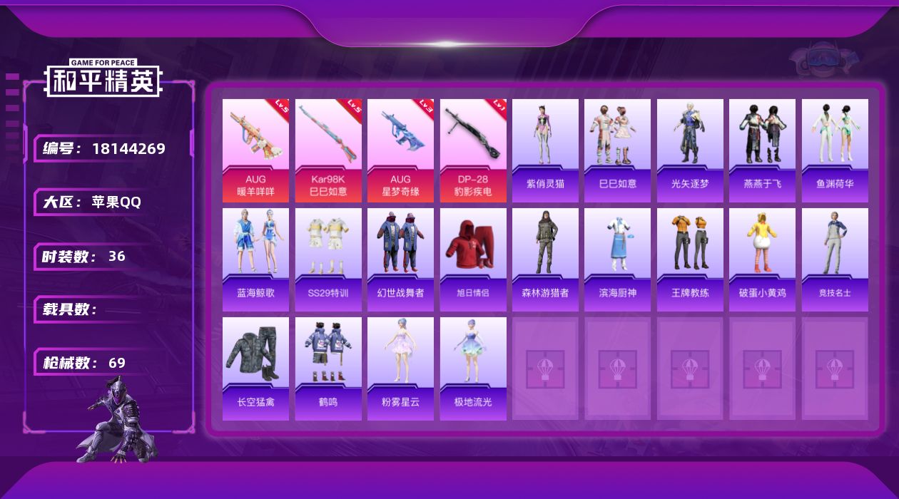 和平精英账号苹果QQ[18144269]"XY732 有二次钱包无法注销 苹果Q-5特效枪1热门36套装69枪皮 17924热力值 4印记 历史卓越王牌7星 
【5特效枪】 Kar98K-巳巳如意 (5级) DP-28-