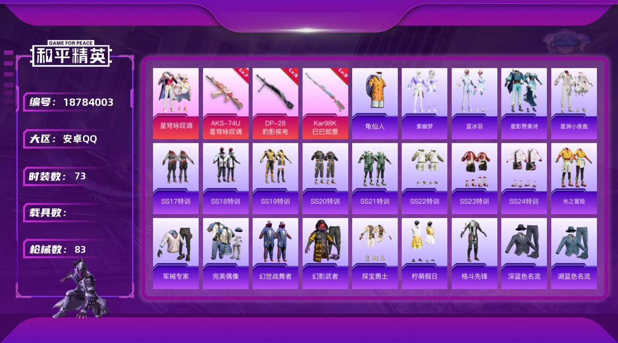 和平精英账号安卓QQ[18784003]安卓 手Q-1粉装-4特效枪-0载具-0粉色飞行器-23976热力值-1王牌印记-73套装-83枪皮
【热门品类】：套装-龟仙人
【粉色套装】：粉装-星穹咏叹调
【粉色枪皮等级】：