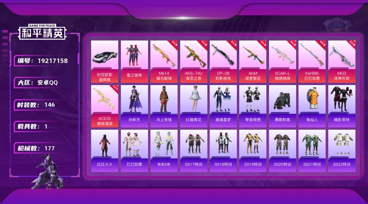 和平精英账号安卓QQ[19217158]安卓 手Q-1粉装-8特效枪-1载具-0粉色飞行器-49591热力值-11王牌印记-146套装-177枪皮
【热门品类】：套装-龟仙人，套装-暗影哥特，套装-红红火火
【粉色套装】