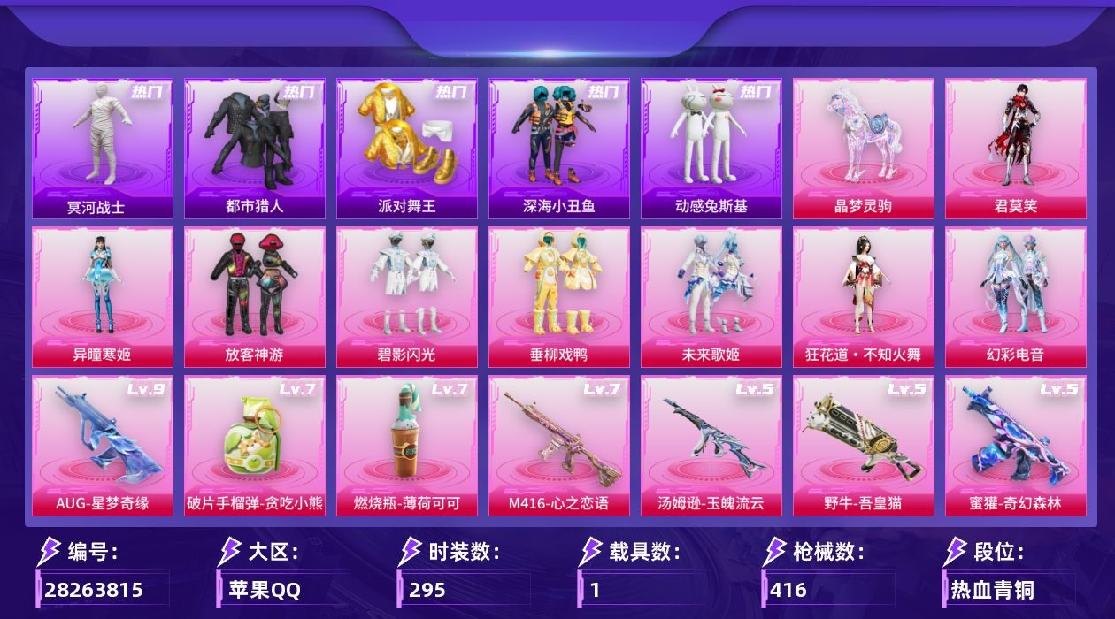 [28263815]苹果手Q-历史最高段位：无敌战神-8粉装-14特效枪-1载具-3粉色飞行器-132657热力值-26王牌印记-295套装-416枪皮
【热门品类】：套装-浪漫天命，套装-都市猎人，套装-冥河战士，套装-派对舞王，套装-深海小丑鱼，套装-小丑鱼，套装-动感兔斯基人偶服，套装-龟仙人，角色-8号机，角色-Mark.06
【粉色套装】：粉装-放客神游，粉装-碧影闪光，粉装-垂柳戏鸭，粉装-未来歌姬，角色-狂花道·不知火舞，粉装-幻彩电音，角色-异瞳寒姬，角色-君莫笑
【粉色枪皮等级】：SCAR-L-锦绣绵绵(五级)，M416-心之恋语(七级)，AUG-星梦奇缘(九级)，蜜獾-奇幻森林(五级)，汤姆逊-玉魄流云(五级)，野牛-吾皇猫(五级)，Kar98K-巳巳如意(五级)，Mk14-福马献瑞(五级)，AA12-G-其乐融融(五级)，DP-28-豹影疾电(五级)，MG-36-沧焰双生(五级)，97MG-夜鸢箴言(四级)，燃烧瓶-薄荷可可(七级)，破片手榴弹-贪吃小熊(七级)
【粉色载具】：晶梦灵驹
【粉色枪皮】：SCAR-L-锦绣绵绵，M416-心之恋语，AUG-星梦奇缘，蜜獾-奇幻森林，汤姆逊-玉魄流云，野牛-吾皇猫，Kar98K-巳巳如意，Mk14-福马献瑞，AA12-G-其乐融融，DP-28-豹影疾电，MG-36-沧焰双生，97MG-夜鸢箴言，燃烧瓶-薄荷可可，破片手榴弹-贪吃小熊
【粉色飞行器】：炫彩糖果飞行器，彩虹独角兽飞行器
【粉色降落伞】：幻影战神降落伞，春暖花开降落伞，四圣焕新降落伞，暗夜玫瑰降落伞，碧影闪光降落伞，垂柳戏鸭降落伞，千面幻镜降落伞，海螺星光降落伞，星空武士降落伞，精灵梦叶罗丽降落伞，星梦奇缘降落伞，金丰海韵降落伞，BEARBRICK降落伞，千金淑猫降落伞，幻影飞狐降落伞，彩虹独角兽降落伞，星穹咏叹调降落伞，魔童闹海 哪吒降落伞，异瞳寒姬降落伞，炫彩糖果降落伞
【稀有套装】：套装-龟仙人，套装-巳巳如意，套装-雪国风尚，套装-炫彩糖果，套装-马上有钱，套装-遗迹猎人，套装-云宝联名款，套装-其乐融融，套装-彩旗巡礼，套装-恋语绒绒，角色-叶修，套装-晴夏甜甜，套装-荒原烈焰，套装-云水剑心，套装-冰河战士，套装-香桃花海，套装-雏菊兔兔，套装-萝兰蝴蝶，套装-小熊娃娃，角色-多纳泰罗，套装-糖糖葫芦，套装-青团波波，套装-棉花软糖，角色-都市丽