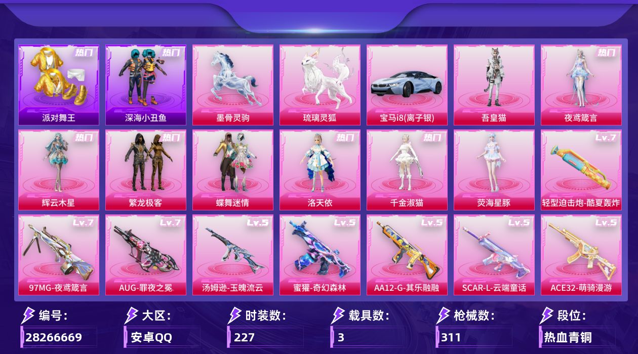 [28266669]安卓手Q-历史最高段位：超级王牌15星-8粉装-16特效枪-3载具-8粉色飞行器-99182热力值-11王牌印记-227套装-311枪皮
【热门品类】：粉装-繁龙极客，套装-浪漫天命，套装-派对舞王，套装-深海小丑鱼，套装-小丑鱼，套装-金羽特工，套装-龟仙人
【粉色套装】：粉装-蝶舞迷情，角色-洛天依，粉装-繁龙极客，角色-千金淑猫，角色-荧海星豚，角色-辉云木星，角色-夜鸢箴言，角色-吾皇猫
【粉色枪皮等级】：轻型迫击炮-酷夏轰炸(七级)，SCAR-L-云端童话(五级)，M416-电玩时刻(四级)，M416-剑灵(三级)，GROZA-镜光银凌(五级)，AUG-暖羊咩咩(五级)，AUG-罪夜之冕(七级)，蜜獾-奇幻森林(五级)，ACE32-萌骑漫游(五级)，汤姆逊-玉魄流云(五级)，AKS-74U-森灵之息(五级)，Kar98K-巳巳如意(五级)，Mk14-福马献瑞(五级)，AA12-G-其乐融融(五级)，DP-28-豹影疾电(五级)，97MG-夜鸢箴言(七级)
【粉色载具】：宝马i8（离子银），琉璃灵狐，墨骨灵驹
【粉色枪皮】：轻型迫击炮-酷夏轰炸，SCAR-L-云端童话，M416-电玩时刻，M416-剑灵，GROZA-镜光银凌，AUG-暖羊咩咩，AUG-罪夜之冕，蜜獾-奇幻森林，ACE32-萌骑漫游，汤姆逊-玉魄流云，AKS-74U-森灵之息，Kar98K-巳巳如意，Mk14-福马献瑞，AA12-G-其乐融融，DP-28-豹影疾电，97MG-夜鸢箴言
【粉色飞行器】：炫彩糖果飞行器，拂晓神骑飞行器，曦光华影飞行器，极意拳锋飞行器，六号石头人飞行器，幻光九尾飞行器，剑影随行飞行器
【粉色降落伞】：满月旋律降落伞，灰烬之翎降落伞，破风疾驰降落伞，春暖花开降落伞，星之彼岸降落伞，怪笑疯兔降落伞，齐天大圣降落伞，暗夜鎏金降落伞，萌物绒绒降落伞，镜光幻境降落伞，繁龙极客降落伞，蜜语绒猫降落伞，创世·救赎降落伞，临安公主降落伞，金蛇镇世降落伞，彩虹独角兽降落伞，荧海星豚降落伞，喜羊羊与灰太狼降落伞，极意拳锋降落伞，炫彩糖果降落伞，罪夜之冕降落伞，诸神·破晓降落伞，夜鸢箴言降落伞，幻音九尾降落伞，剑灵降落伞，甜包降落伞
【稀有套装】：套装-龟仙人，套装-巳巳如意，套装-雪国风尚，套装-炫彩糖果，套装-彩虹骑师，套装-马上有钱，套装-迅捷龙虾，套装-遗迹猎人，角色-雾鬃联名