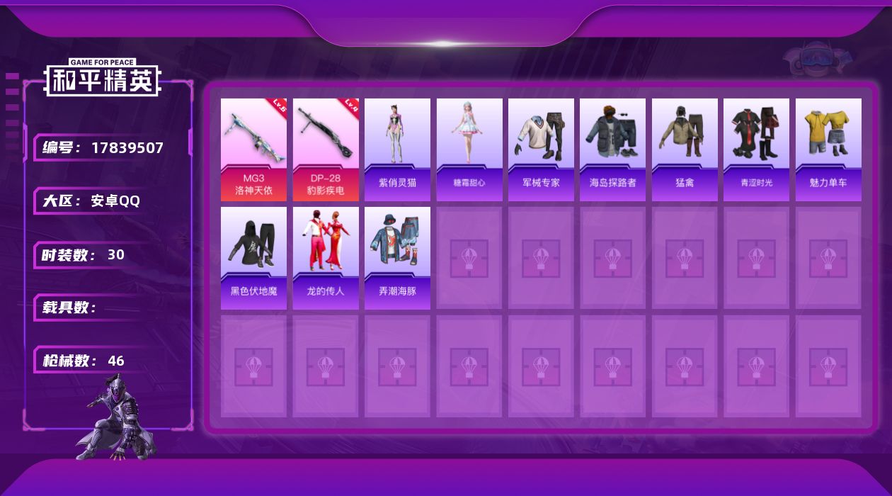 和平精英账号安卓QQ[17839507]安卓 手Q-0粉装-4特效枪-0载具-1粉色飞行器-13324热力值-2王牌印记-30套装-46枪皮
【粉色枪皮等级】：UMP45-萌骑冒险(四级)，Mk14-福马献瑞(五级)，D