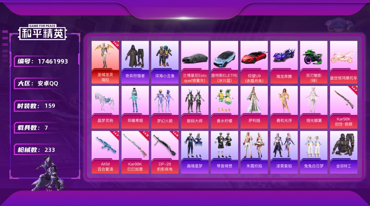 和平精英账号安卓QQ[17461993]687扭蛋碎片/ 安卓 手Q-1神装-7粉装-4特效枪-7载具-4粉色飞行器-81604热力值-12王牌印记-159套装-233枪皮
【红色神装等级】：圣域龙灵-瑞拉(二级)
【红