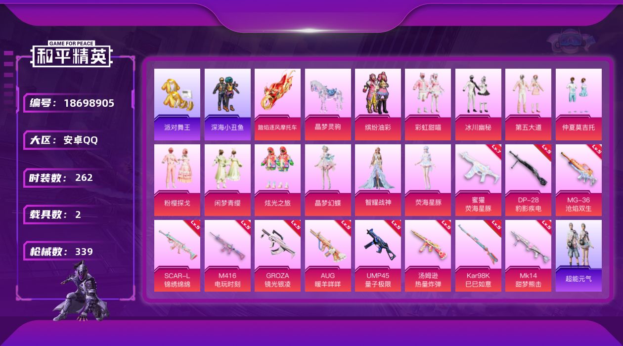 和平精英账号安卓QQ[18698905]安卓 手Q-11粉装-11特效枪-2载具-7粉色飞行器-109855热力值-16王牌印记-262套装-339枪皮
【热门品类】：粉装-缤纷油彩，套装-浪漫天命，套装-派对舞王，套装