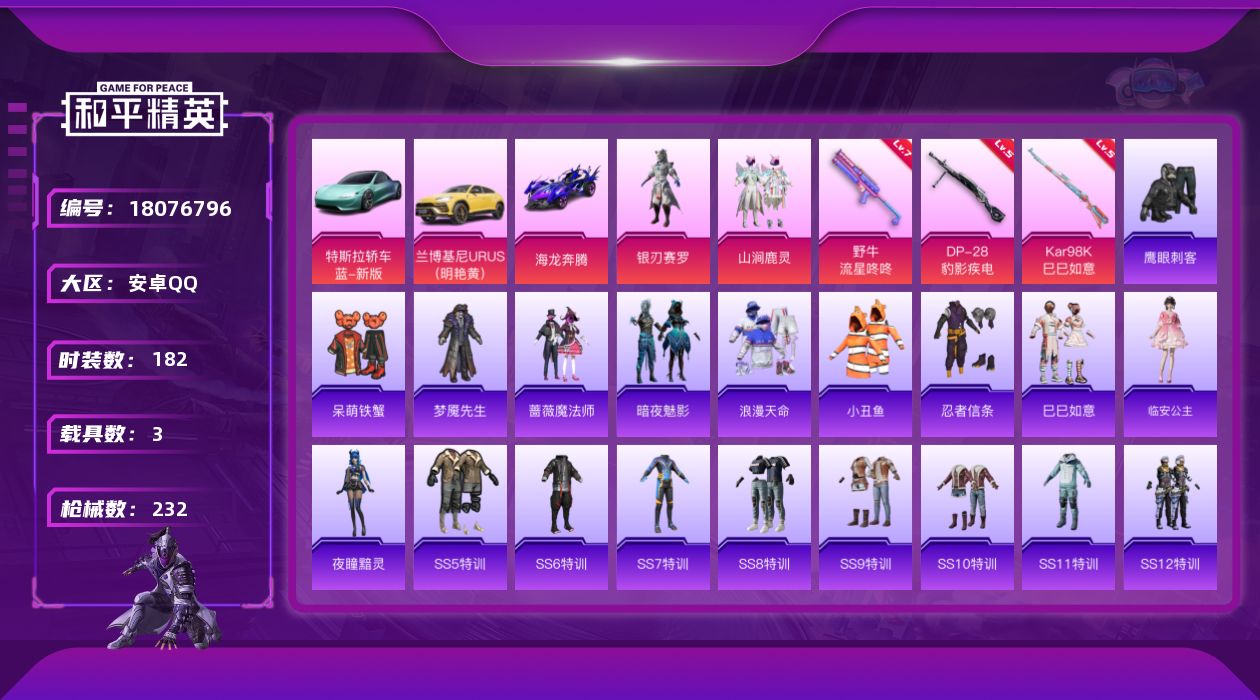 和平精英账号安卓QQ[18076796]安卓 手Q-3粉装-6特效枪-3载具-1粉色飞行器-69708热力值-12王牌印记-182套装-232枪皮
【热门品类】：套装-浪漫天命，套装-小丑鱼，套装-忍者信条
【粉色套装】