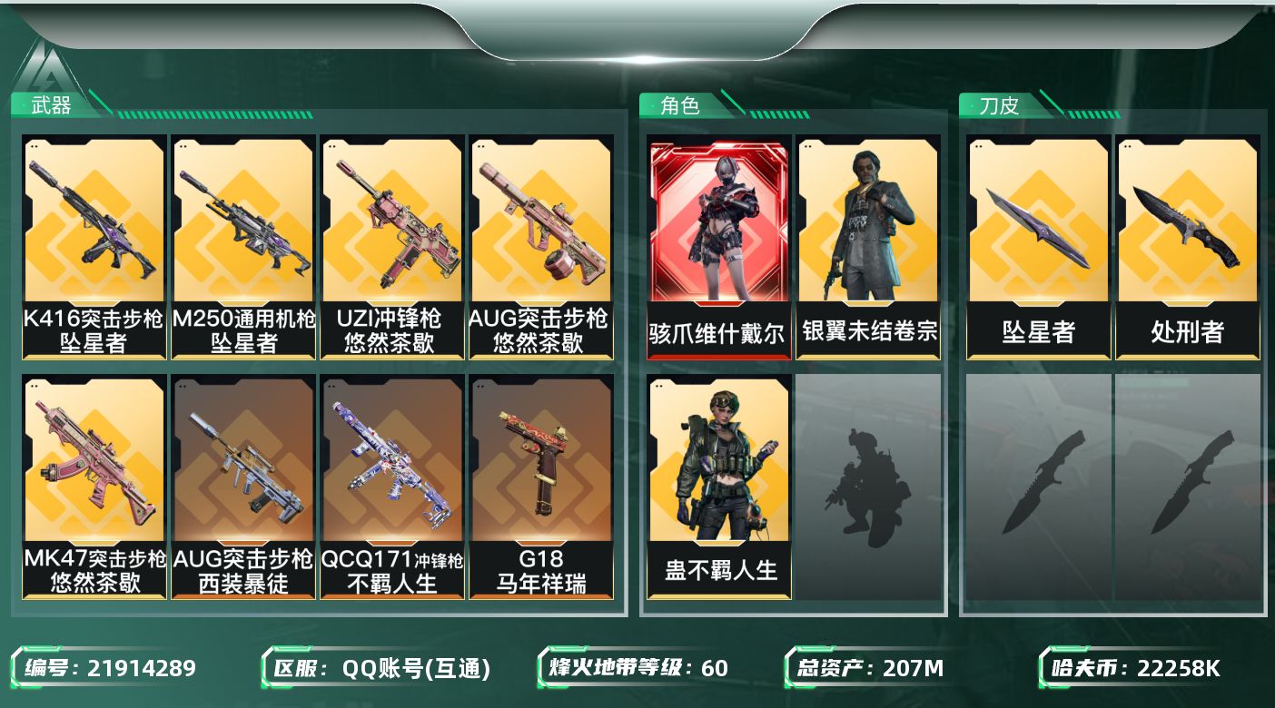 三角洲行动账号QQ【SJZDHC3313】DHC20420 坠星/维什/2金皮/180流动 207m总资产-22258