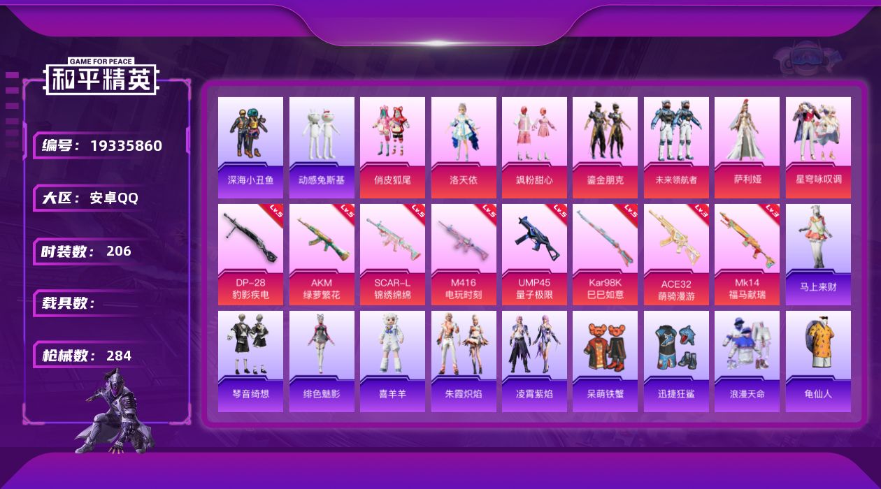 和平精英账号安卓QQ[19335860]安卓 手Q-7粉装-8特效枪-0载具-5粉色飞行器-81126热力值-12王牌印记-206套装-284枪皮
【热门品类】：套装-浪漫天命，套装-深海小丑鱼，套装-动感兔斯基人偶服，