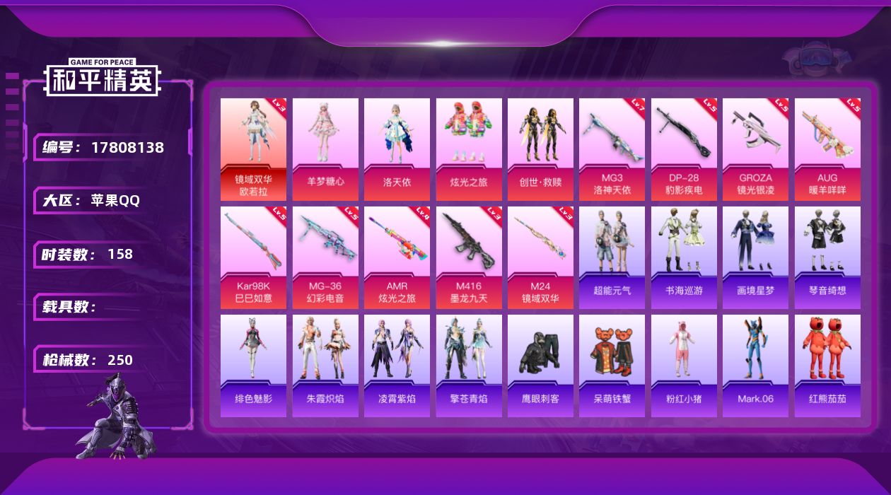 和平精英账号苹果QQ[17808138]【特价出售/店主推荐】苹果 手Q-1神装-5粉装-14特效枪-78034热力值-13王牌印记-158套装-250枪皮【红色神装等级】：镜域双华-欧若拉(三级)【热门品类】：套装-粉