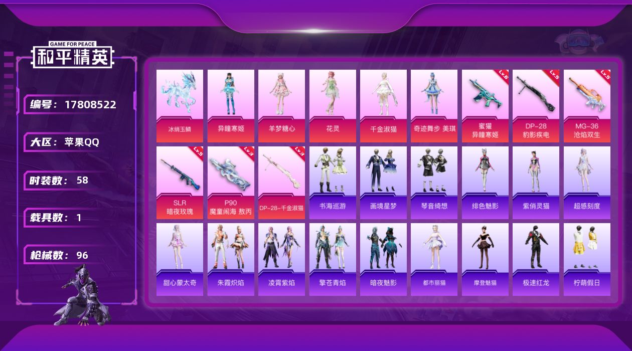 和平精英账号苹果QQ[17808522]【店主推荐捡漏号！可直接换绑】苹果 手Q-5粉装-8特效枪-1载具-4粉色飞行器-30602热力值-3王牌印记-58套装-96枪皮【粉色套装】：角色-千金淑猫，角色-奇迹舞步 美琪