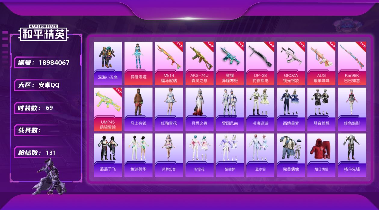 和平精英账号安卓QQ[18984067]安卓 手Q-1粉装-8特效枪-0载具-2粉色飞行器-31896热力值-5王牌印记-69套装-131枪皮
【热门品类】：套装-深海小丑鱼
【粉色套装】：角色-异瞳寒姬
【粉色枪皮等级