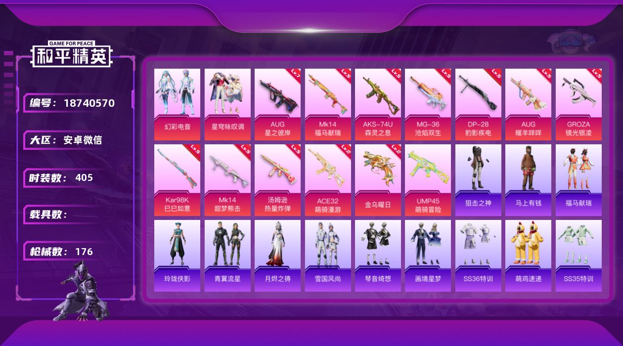 和平精英账号安卓微信2粉装 13特效枪 5印记 可二次 可修改实名 
【热门装扮】星穹咏叹调,幻彩电音
【稀有枪皮】AU