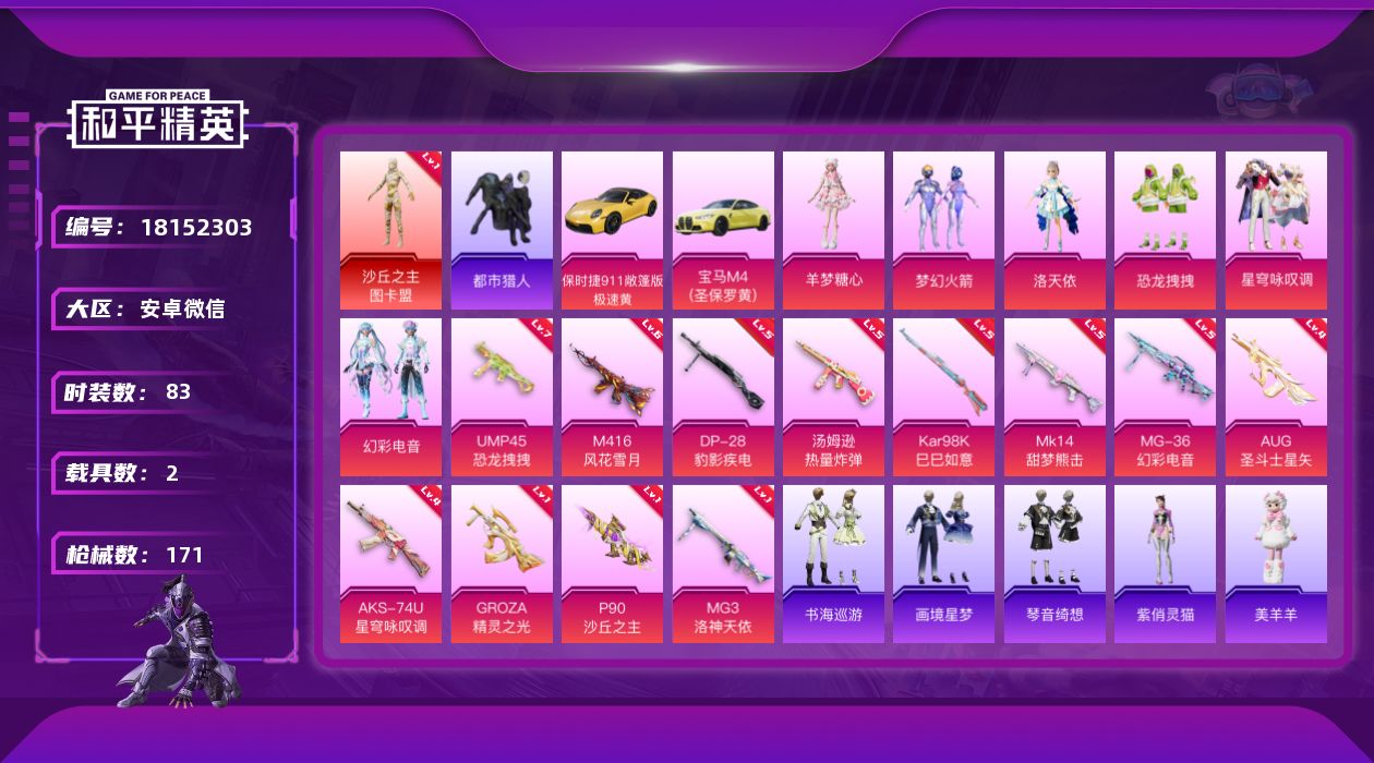 和平精英账号安卓微信[18152303]安卓 微信-1神装-7粉装-18特效枪-2载具-10粉色飞行器-56598热力值-7王牌印记-83套装-171枪皮
【红色神装等级】：沙丘之主-图卡盟(一级)
【红色角色神装】：沙