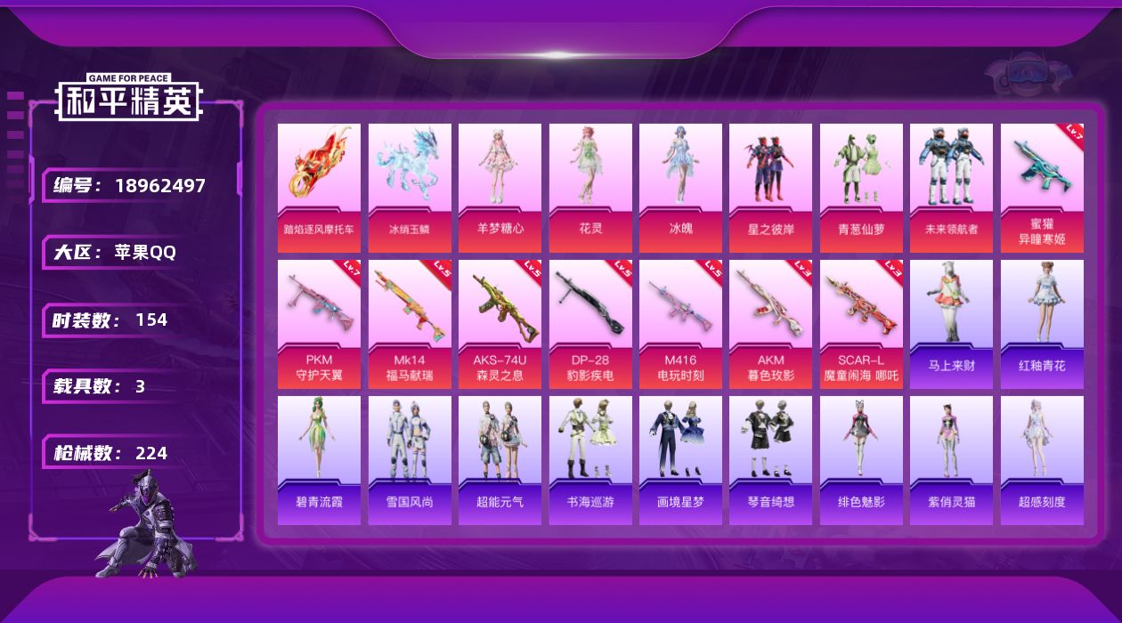 和平精英账号苹果QQ[18962497]154套装/枪械8/装备294/载具3/战备147/王牌印记14/热力值72678/三级AKM-暮色玫影/三级SCAR-L-魔童闹海 哪吒/五级M416-电玩时刻/七级蜜獾-异瞳寒