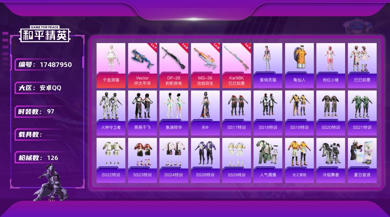 和平精英账号安卓QQ[17487950]安卓 手Q-1粉装-4特效枪-0载具-0粉色飞行器-38968热力值-11王牌印记-97套装-126枪皮
【热门品类】：套装-龟仙人，套装-粉红小猪
【粉色套装】：角色-千金淑猫
