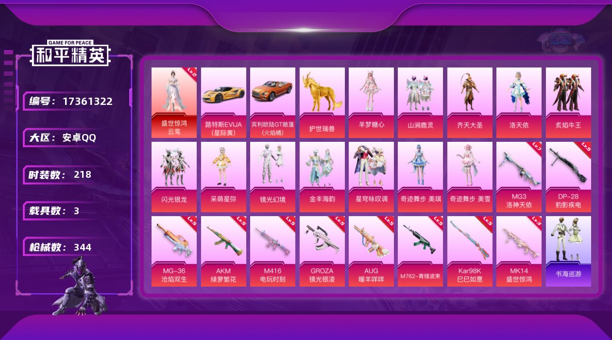 和平精英账号安卓QQ[17361322]【特价出售/店主推荐】安卓 手Q-1神装-12粉装-12特效枪-3载具-8粉色飞行器-101536热力值-16王牌印记-218套装-344枪皮
【红色神装等级】：盛世惊鸿-云鸾(二