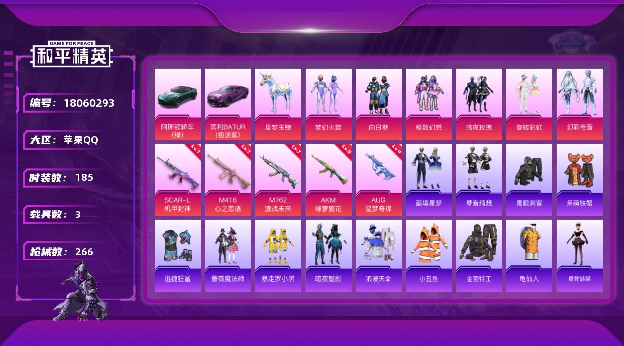 和平精英账号苹果QQ[18060293]苹果 手Q-无敌战神框-9粉装-12特效枪-3载具-4粉色飞行器-90085热力值-19王牌印记-185套装-266枪皮
【热门品类】：粉装-梦幻火箭，套装-浪漫天命，套装-小丑鱼