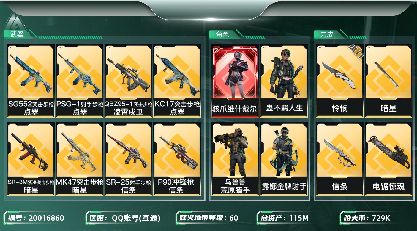 三角洲行动账号QQ【5737】115m总资产-729k哈夫币-60烽火等级-钻石-50战场等级-上等兵
【干员外观】：