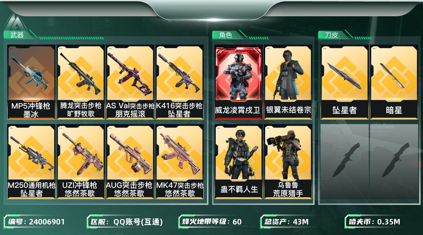 三角洲行动账号QQ[24006901]【7511】397402刘  43m总资产-358k哈夫币-60烽火等级-钻石-