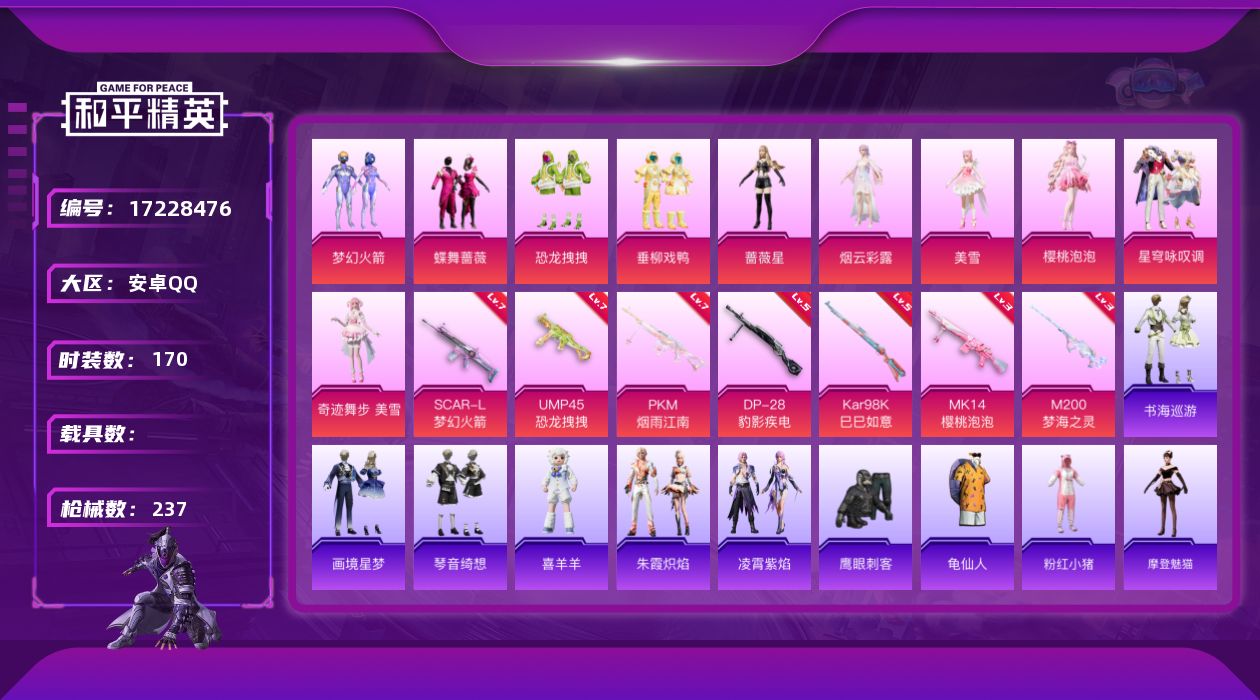 和平精英账号安卓QQ[17228476]安卓 手Q-10粉装-7特效枪-0载具-4粉色飞行器-81635热力值-8王牌印记-170套装-237枪皮
【热门品类】：粉装-梦幻火箭，套装-龟仙人，套装-粉红小猪
【粉色套装】