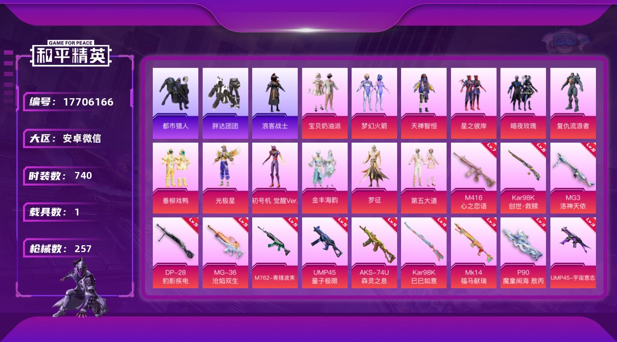 和平精英账号安卓微信[17706166]12粉装 13特效枪 1载具 14印记 可二次 可修改实名 
【热门装扮】罗征,