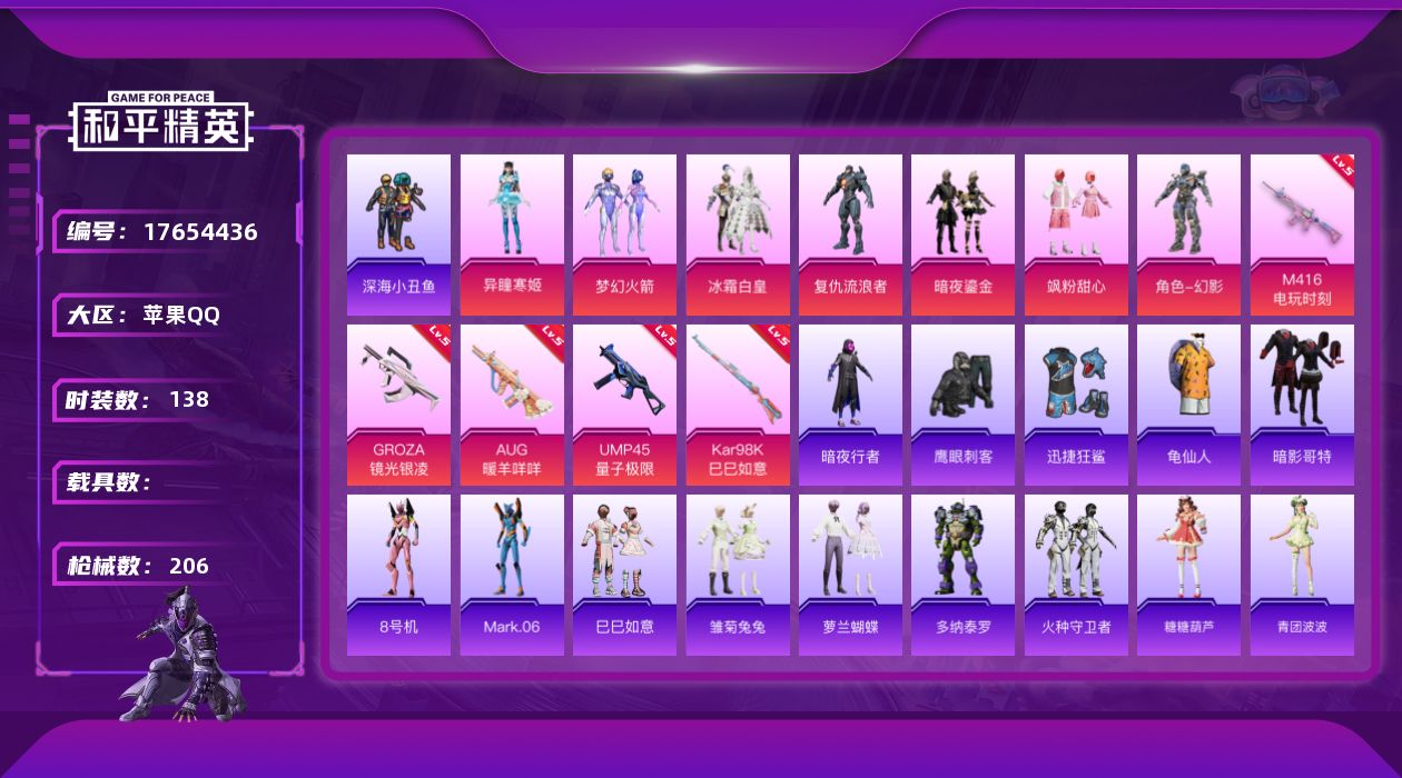 和平精英账号苹果QQ[17654436]【特价出售/店主推荐】苹果 手Q-7粉装-9特效枪-3粉色飞行器-60554热力值-12王牌印记-138套装-206枪皮
【热门品类】：粉装-梦幻火箭，套装-深海小丑鱼，套装-暗夜